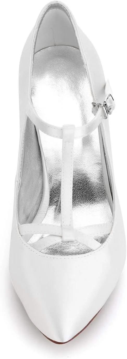 JIAJIA K989777 Women's Bridal Shoes T-bar Closed Toe Mid Heel Dyeable Satin Pumps Wedding Shoes