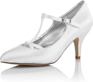 JIAJIA K989777 Women's Bridal Shoes T-bar Closed Toe Mid Heel Dyeable Satin Pumps Wedding Shoes