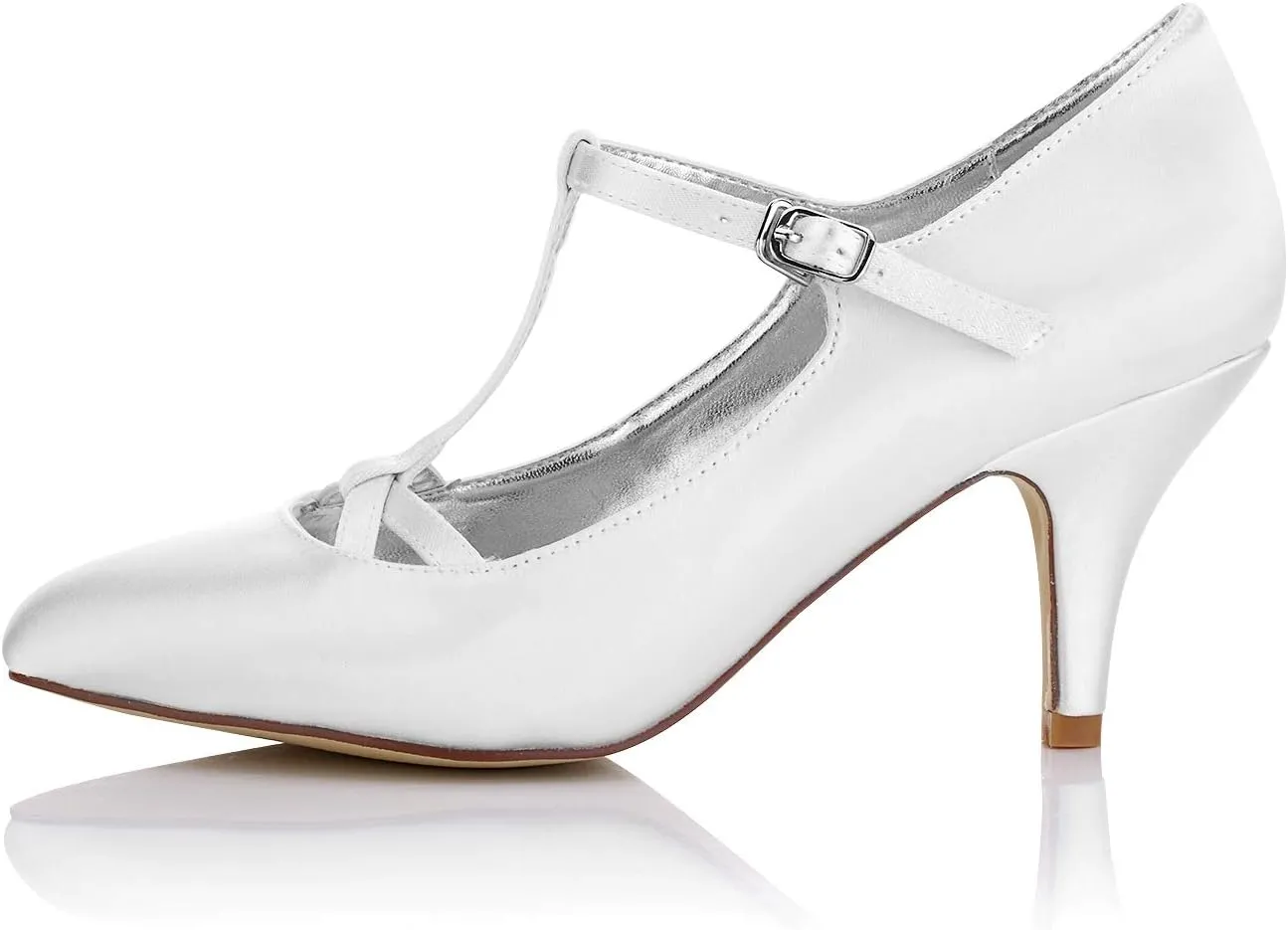 JIAJIA K989777 Women's Bridal Shoes T-bar Closed Toe Mid Heel Dyeable Satin Pumps Wedding Shoes