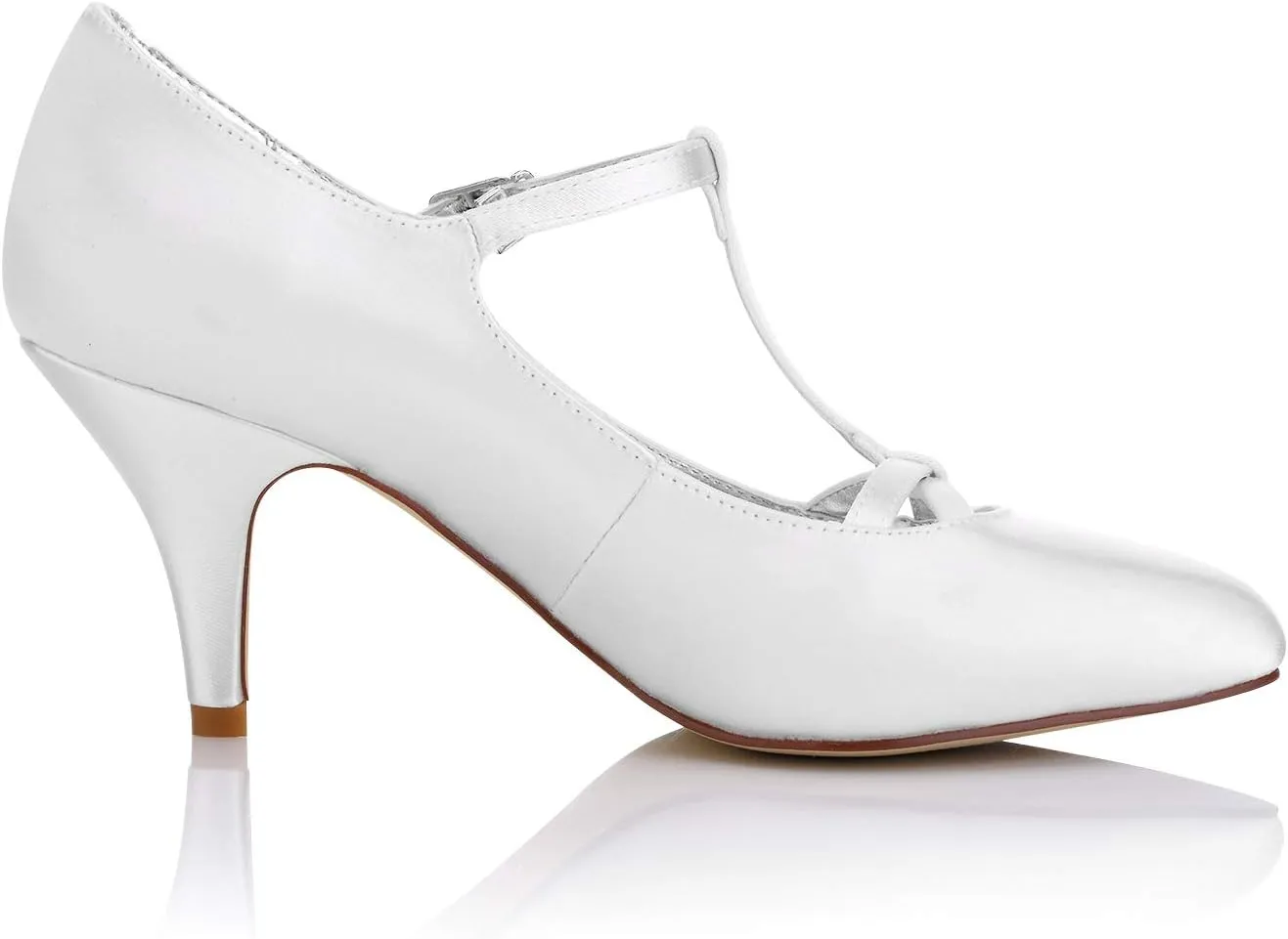 JIAJIA K989777 Women's Bridal Shoes T-bar Closed Toe Mid Heel Dyeable Satin Pumps Wedding Shoes