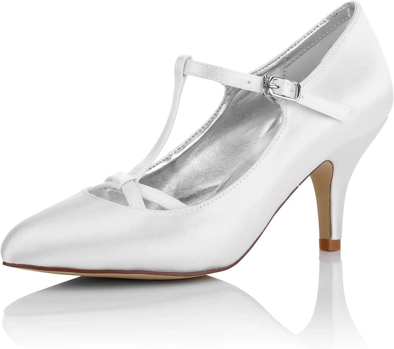JIAJIA K989777 Women's Bridal Shoes T-bar Closed Toe Mid Heel Dyeable Satin Pumps Wedding Shoes