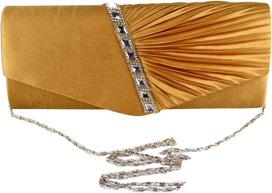 JIAN YA NA Womens Pleated Crystal-Studded Satin Handbag Evening Clutch Bags for Party Wedding Prom Cocktail