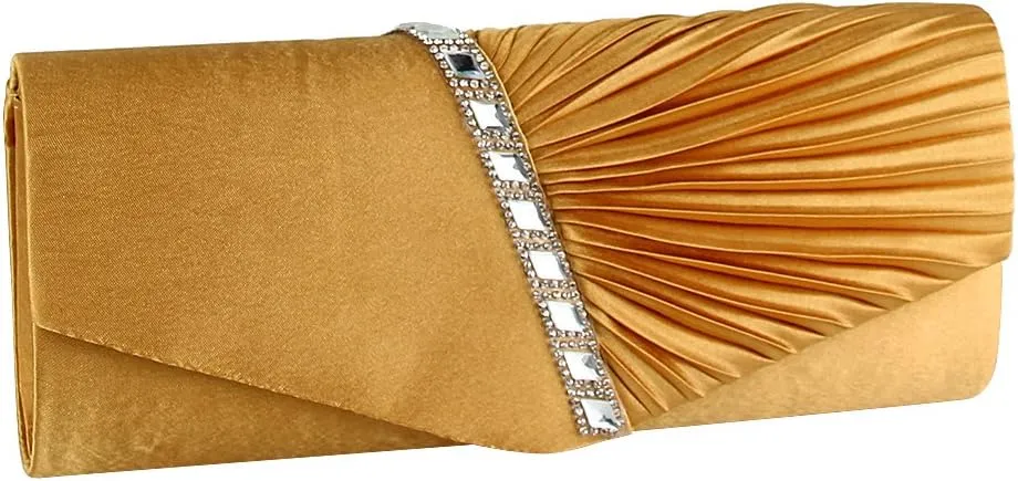 JIAN YA NA Womens Pleated Crystal-Studded Satin Handbag Evening Clutch Bags for Party Wedding Prom Cocktail