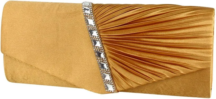 JIAN YA NA Womens Pleated Crystal-Studded Satin Handbag Evening Clutch Bags for Party Wedding Prom Cocktail