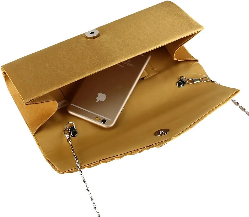 JIAN YA NA Womens Pleated Crystal-Studded Satin Handbag Evening Clutch Bags for Party Wedding Prom Cocktail