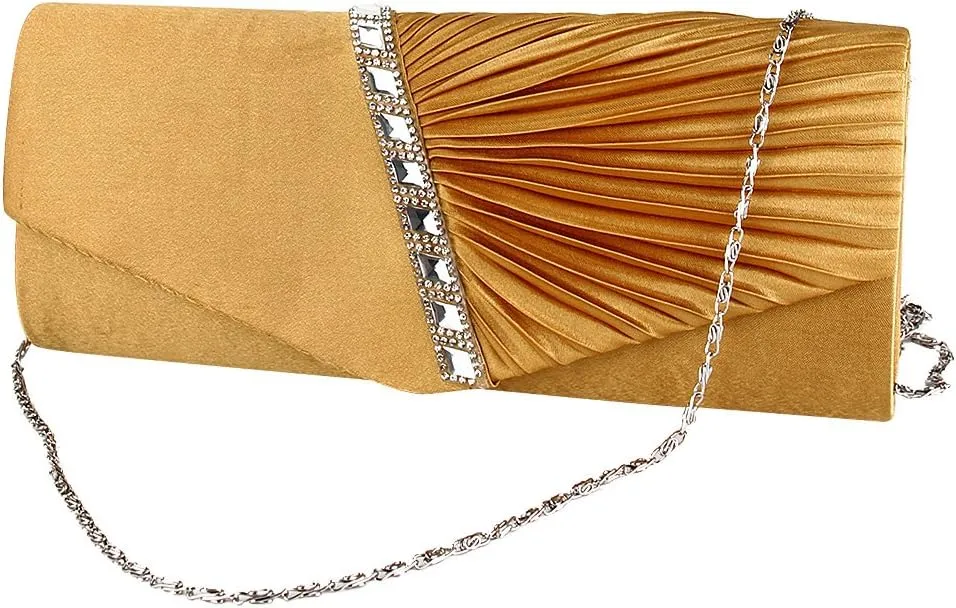 JIAN YA NA Womens Pleated Crystal-Studded Satin Handbag Evening Clutch Bags for Party Wedding Prom Cocktail