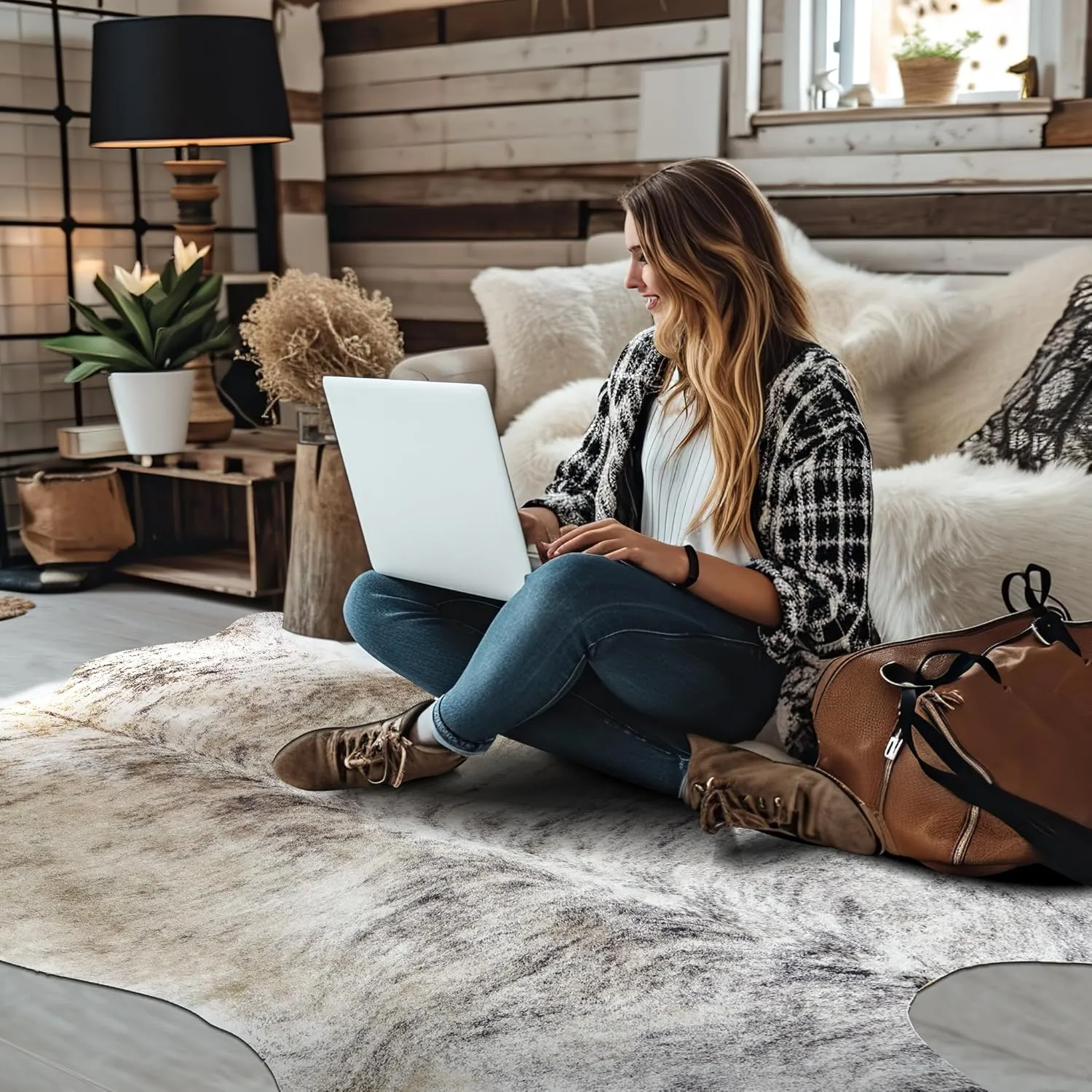 jinchan Cowhide Area Rug Cow Print Faux Living Room Area Rug 5x7 Light Brown Cow Hide Indoor Floor Cover Animal Skin Alternative Mat Bedroom Carpet Western Theme Safari Decor
