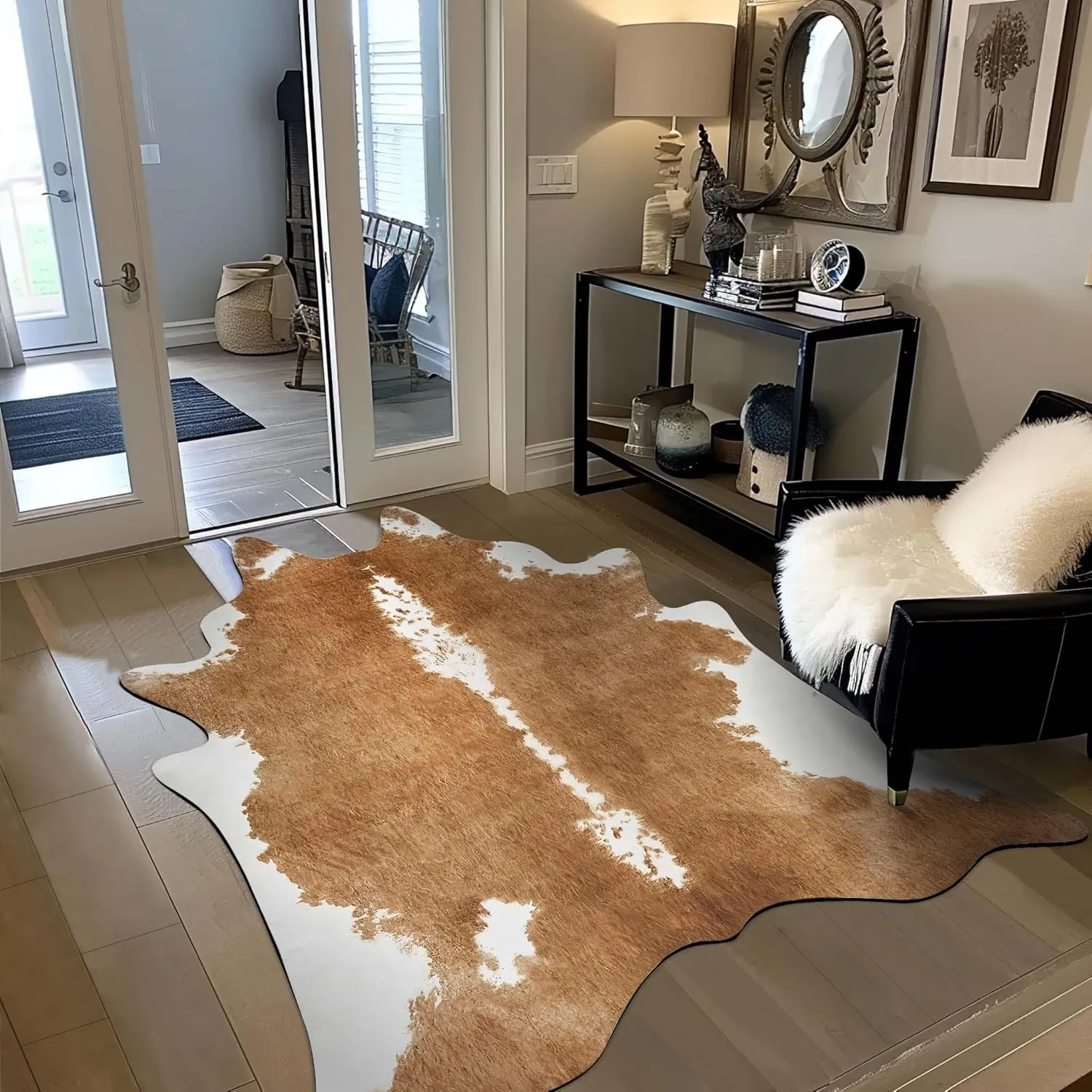 jinchan Faux Cowhide Rug Cow Print Living Room Area Rug Floor Cover Cow Hide Brindle Animal Skin Alternative Indoor Carpet Bedroom Apartment Western Theme Safari Decor Brown 5x7
