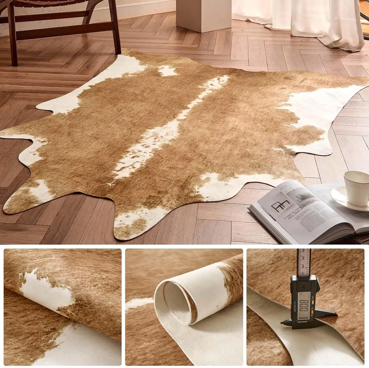 jinchan Faux Cowhide Rug Cow Print Living Room Area Rug Floor Cover Cow Hide Brindle Animal Skin Alternative Indoor Carpet Bedroom Apartment Western Theme Safari Decor Brown 5x7