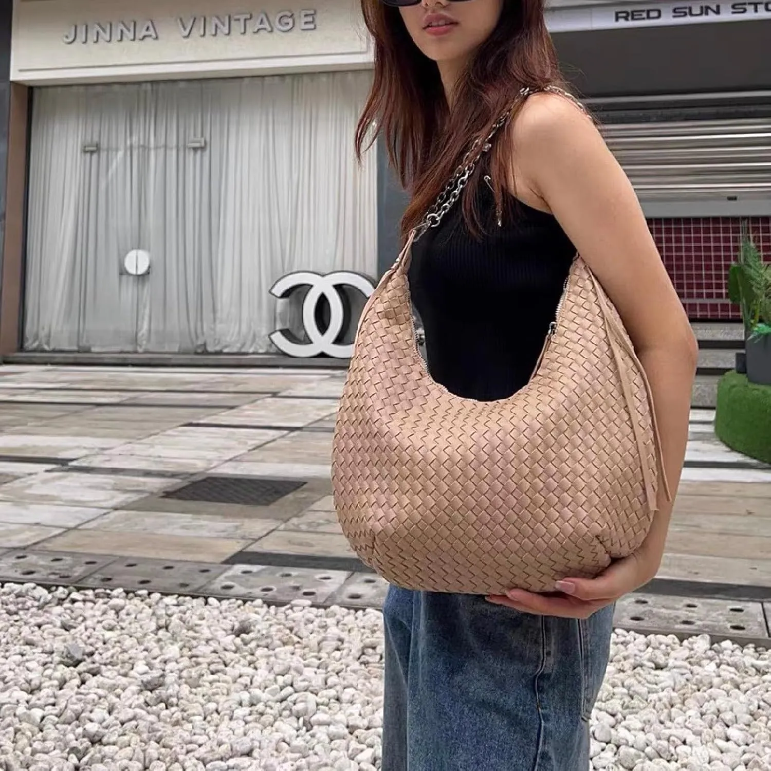 JINMANXUE Fringe Hobo Bag - Retro Handmade Woven Tote Bag for Women, Travel Shoulder Handbag