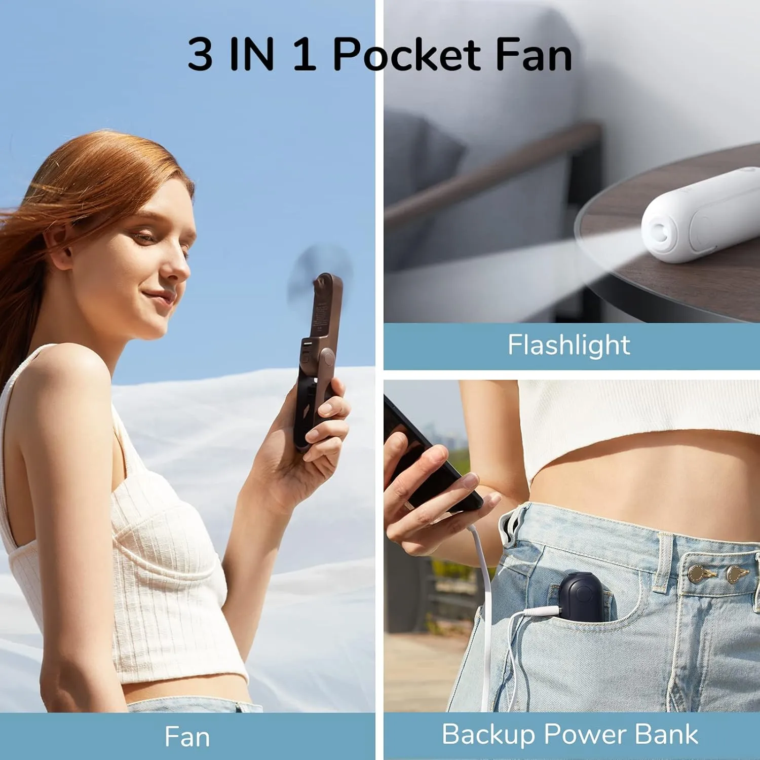 JISULIFE Handheld Mini Fan, 3 IN 1 USB Rechargeable Portable Fan [12-19 Working Hours] with Power Bank, Flashlight, Pocket Design for Travel/Summer/Concerts/Lash, Gifts for Women (Dark Blue)