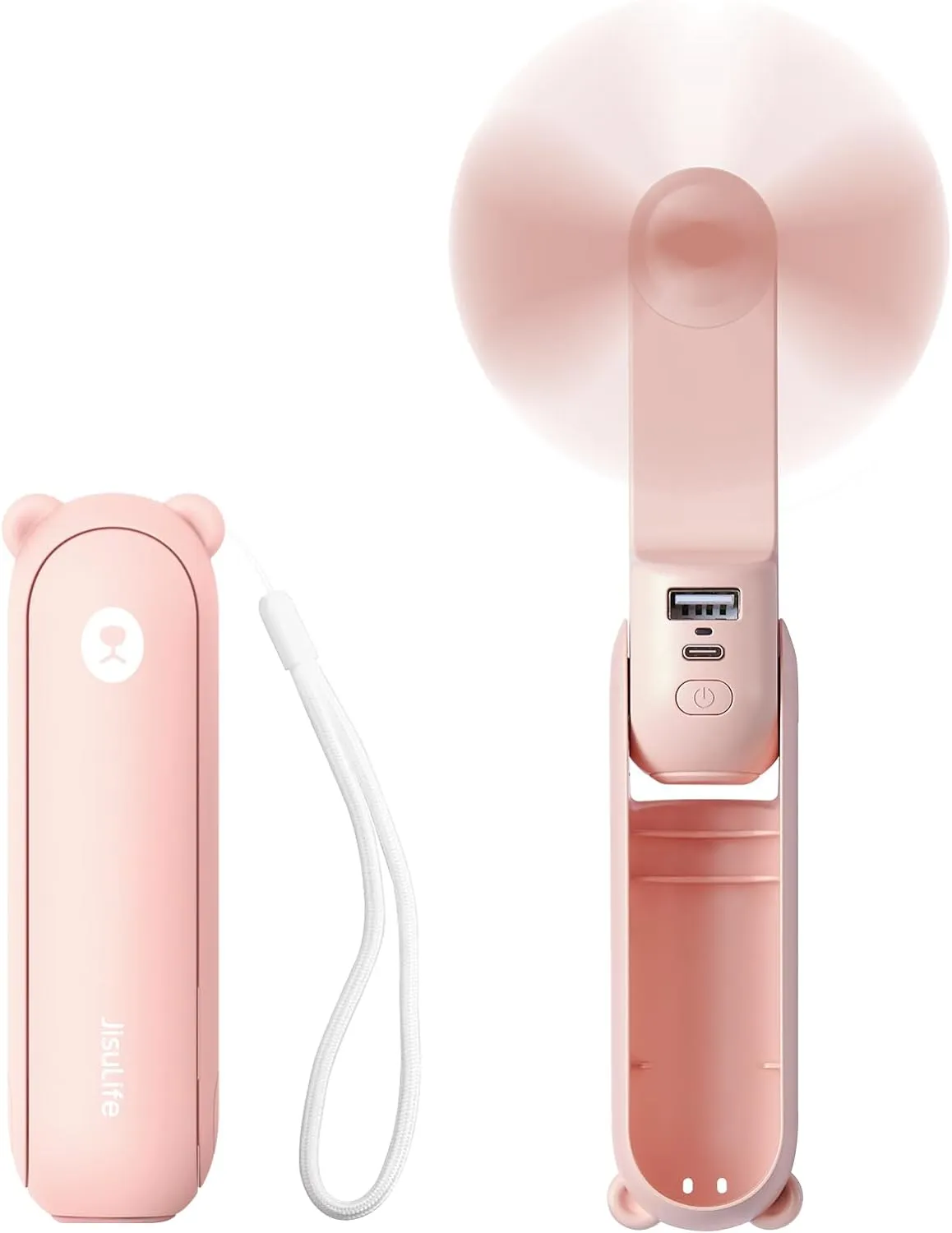 JISULIFE Handheld Mini Fan, 3 IN 1 USB Rechargeable Portable Fan [12-19 Working Hours] with Power Bank, Flashlight, Pocket Design for Travel/Summer/Concerts/Lash, Gifts for Women (Pink)
