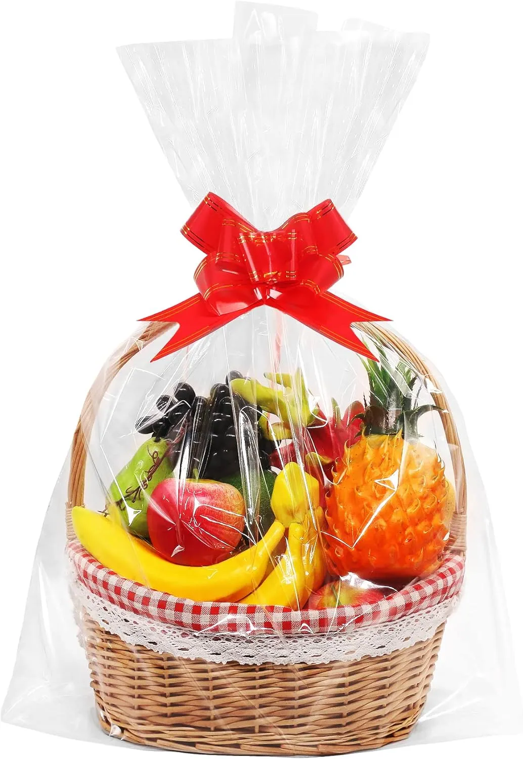 JOYIT 20 Pcs Clear Cellophane Bags Large (24 in x 30 in) - 3 Mil Thicker Cellophane Wrap for Gift Baskets, Opp Plastic Gift Bags with Red Bows Ribbon