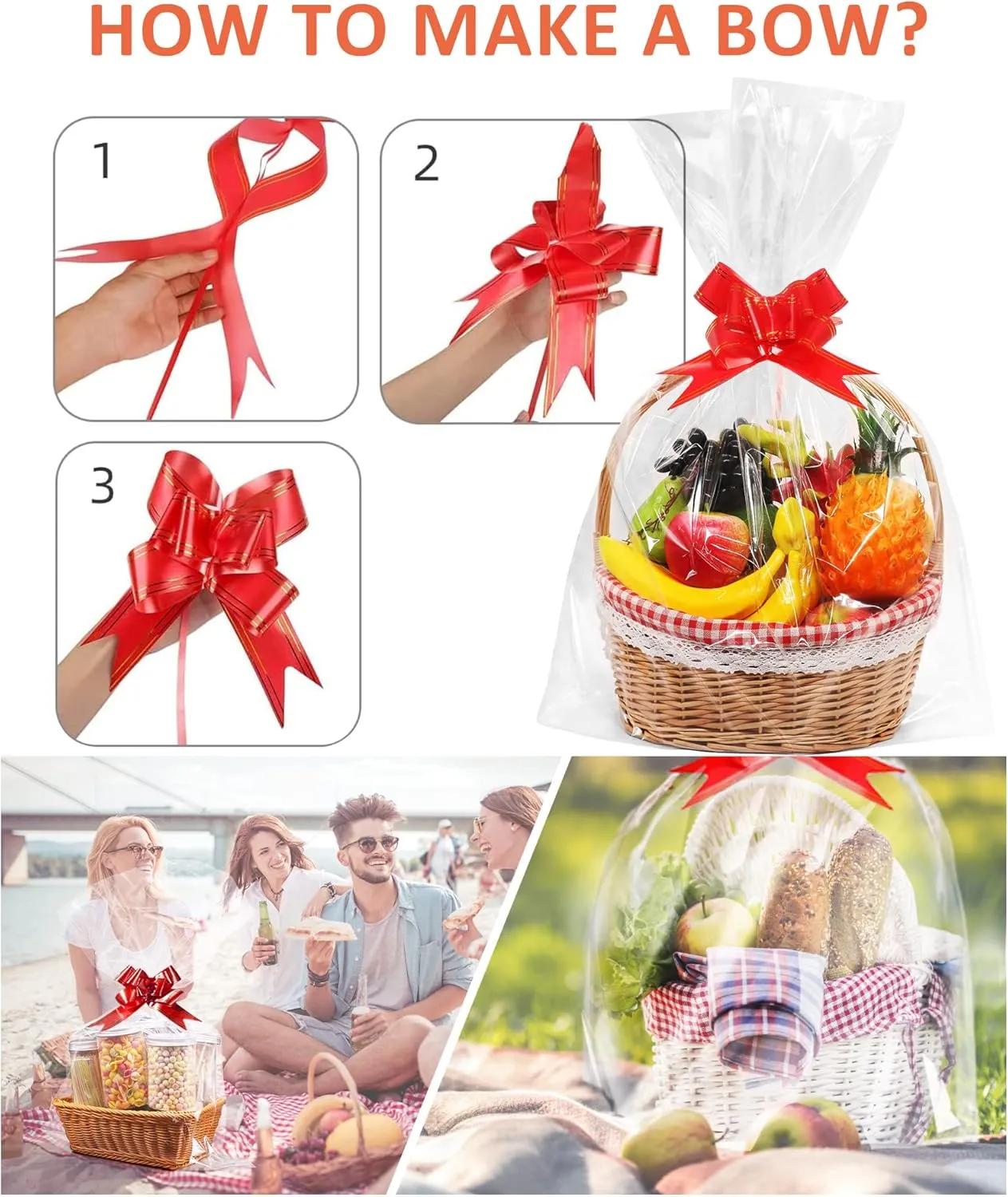 JOYIT 20 Pcs Clear Cellophane Bags Large (24 in x 30 in) - 3 Mil Thicker Cellophane Wrap for Gift Baskets, Opp Plastic Gift Bags with Red Bows Ribbon