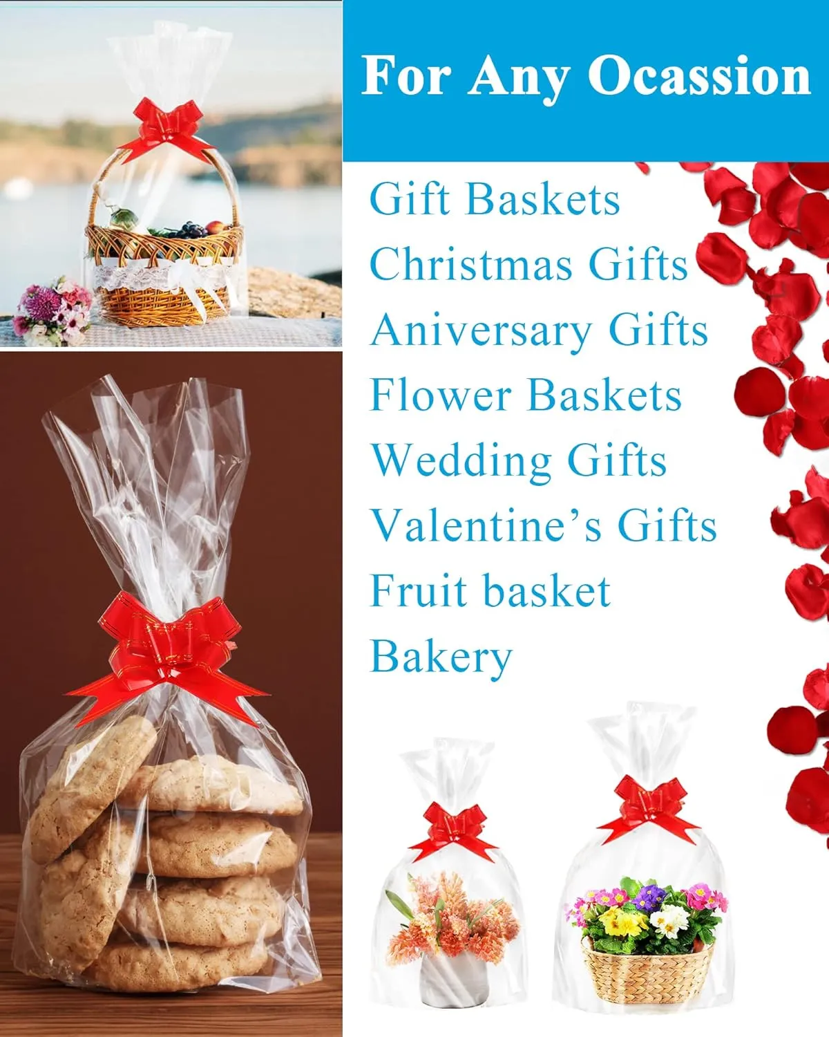 JOYIT 20 Pcs Clear Cellophane Bags Large (24 in x 30 in) - 3 Mil Thicker Cellophane Wrap for Gift Baskets, Opp Plastic Gift Bags with Red Bows Ribbon