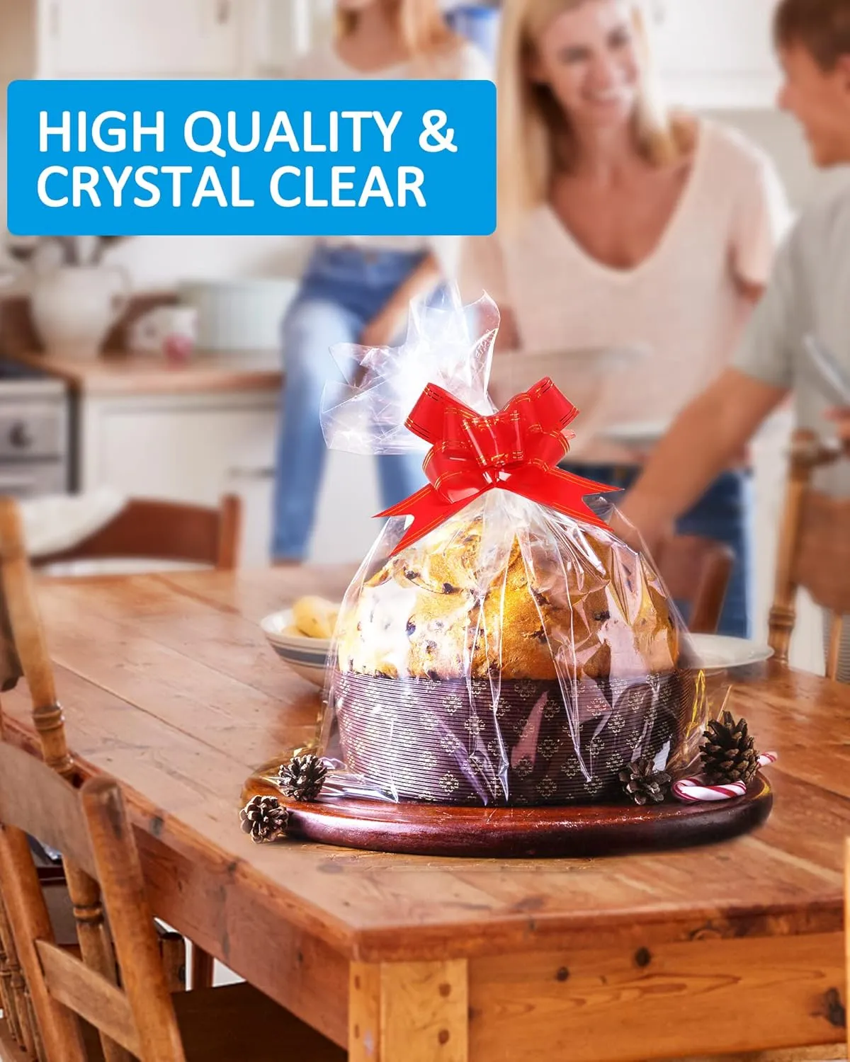 JOYIT 20 Pcs Clear Cellophane Bags Large (24 in x 30 in) - 3 Mil Thicker Cellophane Wrap for Gift Baskets, Opp Plastic Gift Bags with Red Bows Ribbon