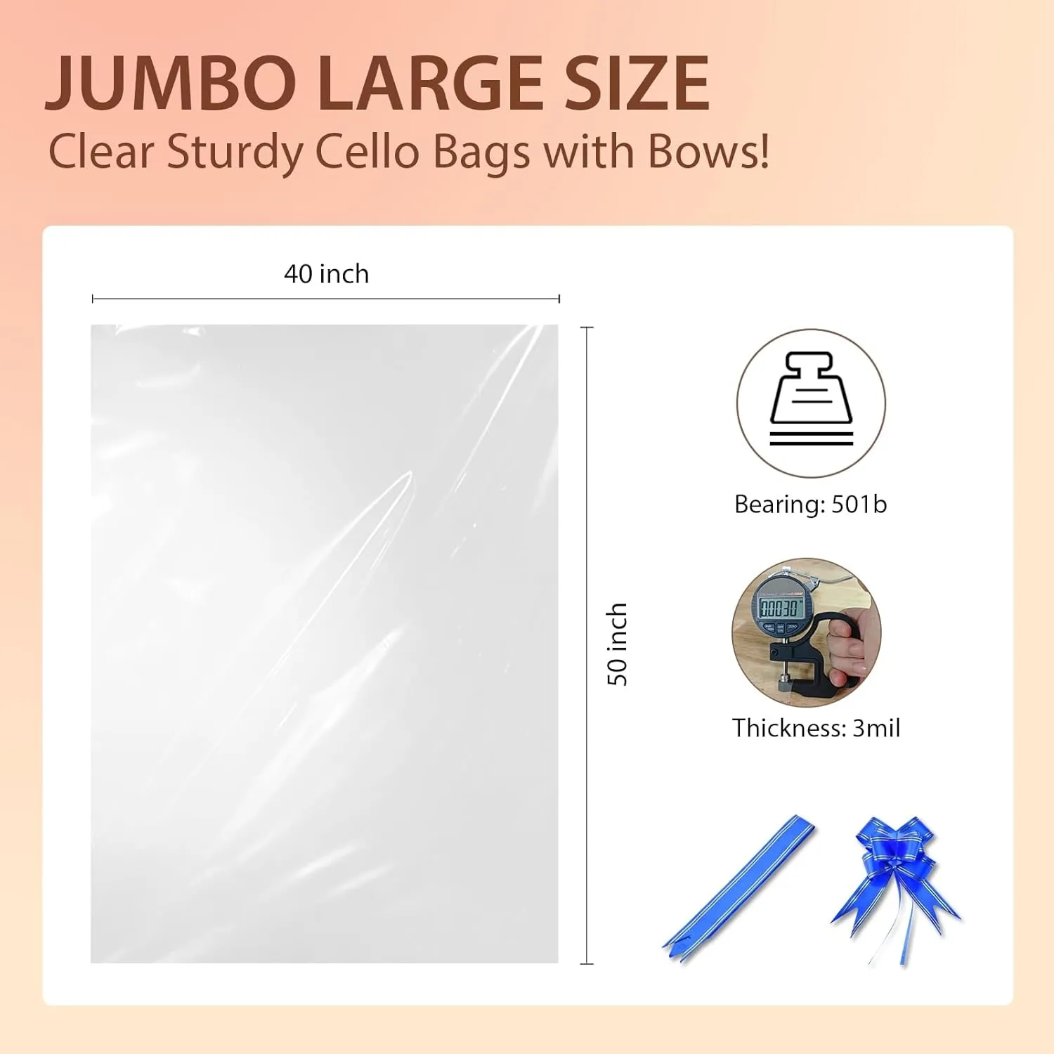 Jumbo Large Cello Bags for Gift Baskets, Pack of 12, 40"x50" Clear Gift Wrap Bags with Blue Bows Ribbons, Heavy Duty Cellophane Present Basket Bags for Birthday, Baby Shower, Wedding, Valentine's Day