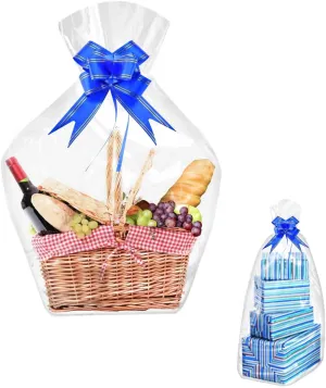 Jumbo Large Cello Bags for Gift Baskets, Pack of 12, 40"x50" Clear Gift Wrap Bags with Blue Bows Ribbons, Heavy Duty Cellophane Present Basket Bags for Birthday, Baby Shower, Wedding, Valentine's Day