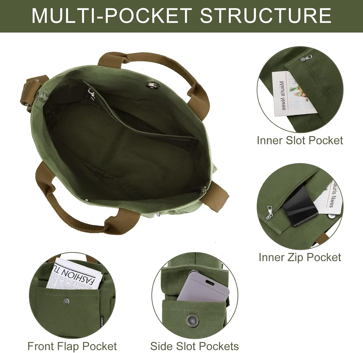 Juoxeepy Canvas Tote Bag with Pockets for Women Crossbody Bag Canvas Shoulder Bag Work Tote Bag Hobo Handbag for Men