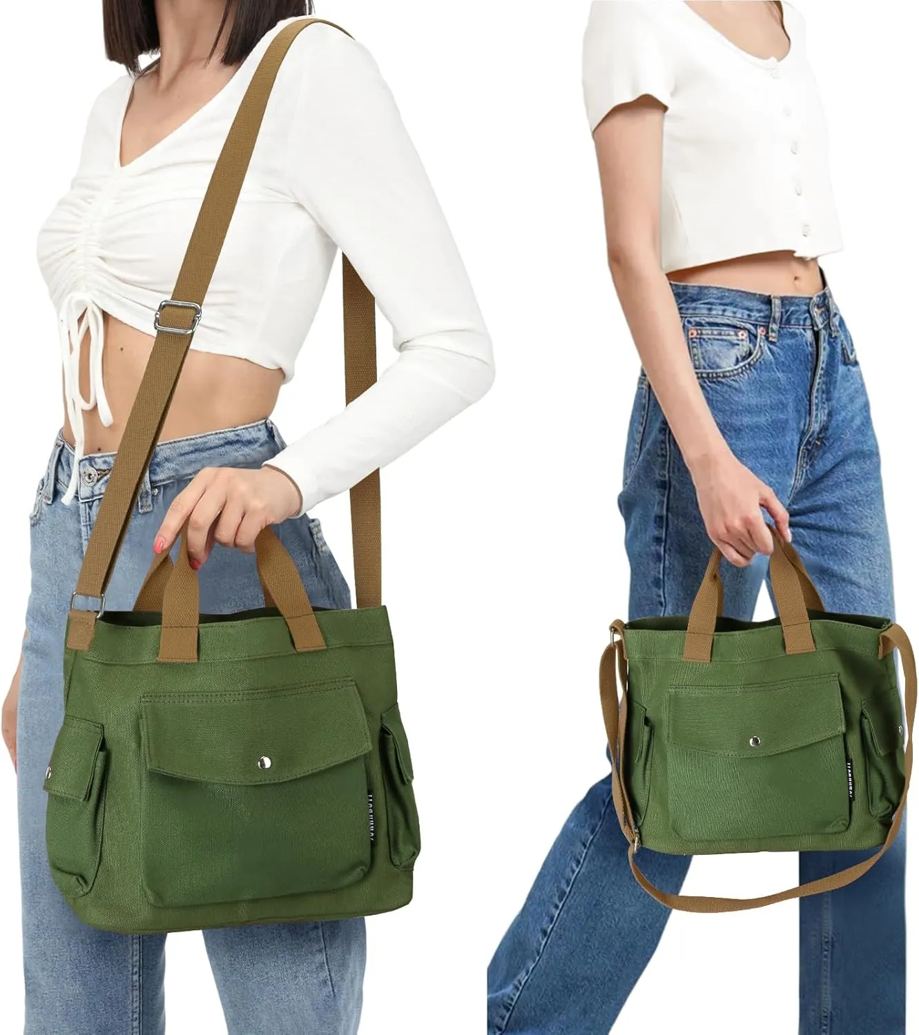Juoxeepy Canvas Tote Bag with Pockets for Women Crossbody Bag Canvas Shoulder Bag Work Tote Bag Hobo Handbag for Men