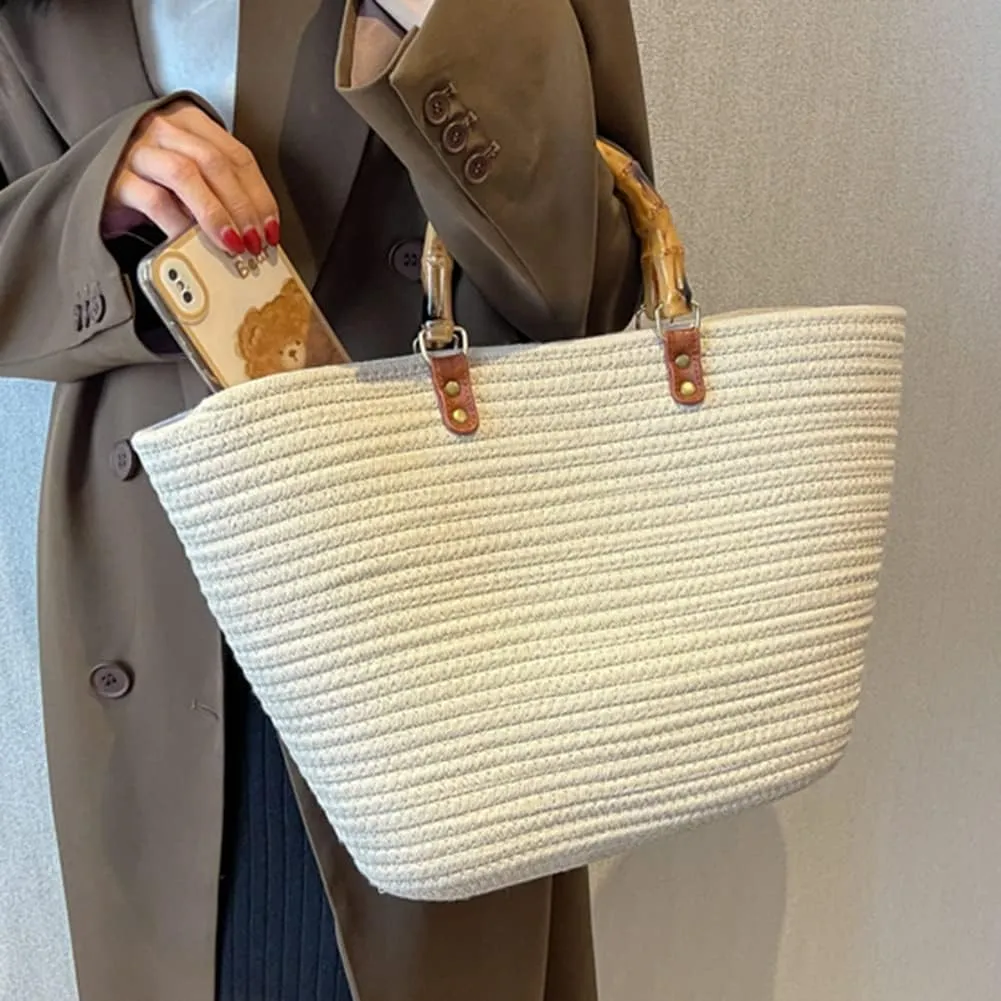 Juoxeepy Summer Beach Bag for Women Bamboo Handle Handbag Purse Soft Woven Tote Bag Handmade Beach Purse for Vacation