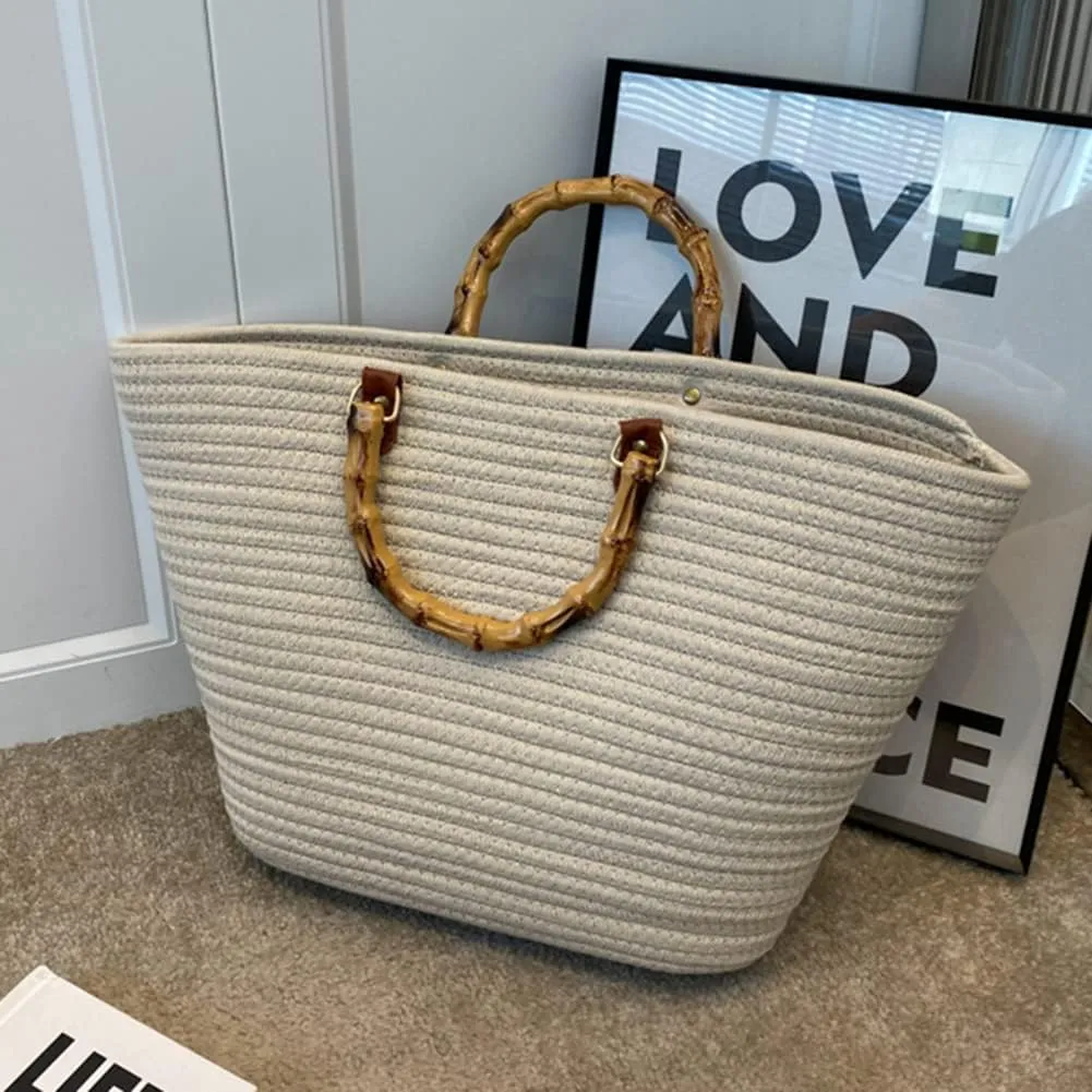 Juoxeepy Summer Beach Bag for Women Bamboo Handle Handbag Purse Soft Woven Tote Bag Handmade Beach Purse for Vacation