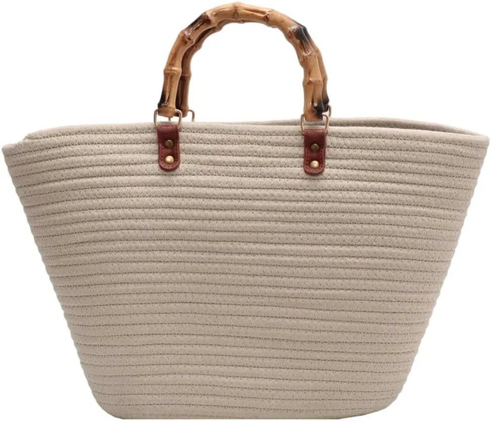 Juoxeepy Summer Beach Bag for Women Bamboo Handle Handbag Purse Soft Woven Tote Bag Handmade Beach Purse for Vacation