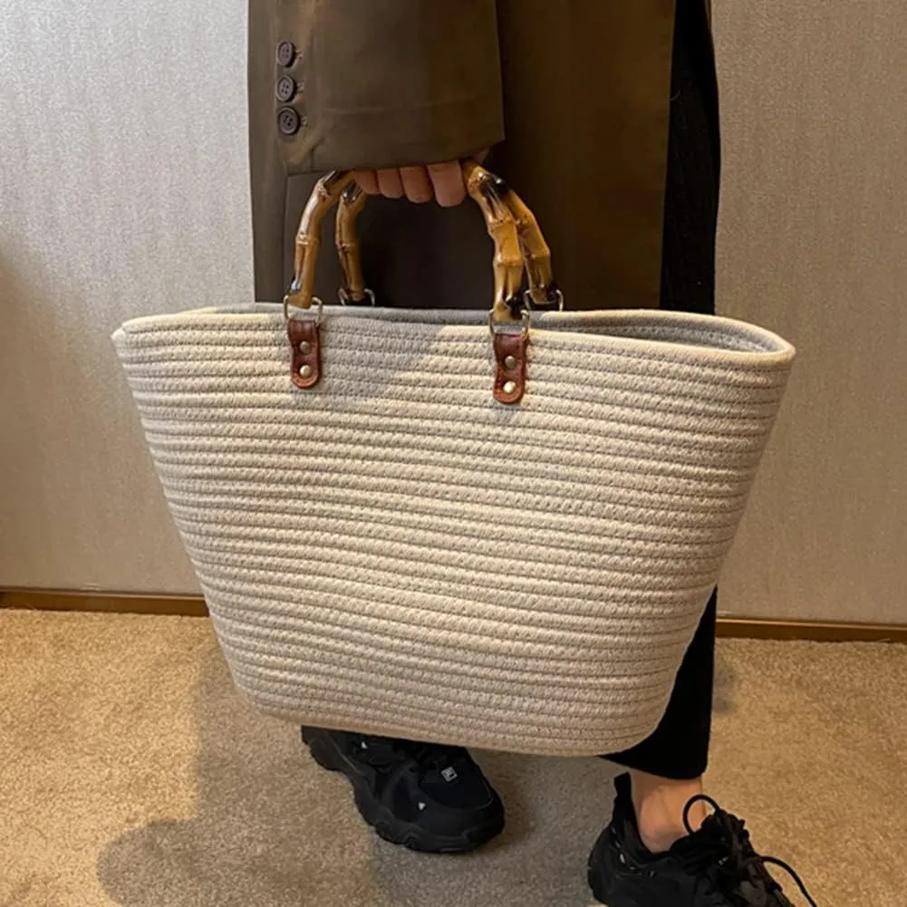Juoxeepy Summer Beach Bag for Women Bamboo Handle Handbag Purse Soft Woven Tote Bag Handmade Beach Purse for Vacation