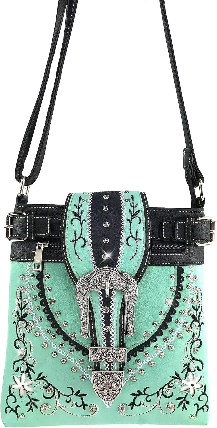 Justin West Embroidery Floral Glittering Bling Rhinestone Buckle Shoulder Concealed Carry Handbag Purse Trifold Wallet