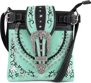Justin West Embroidery Floral Glittering Bling Rhinestone Buckle Shoulder Concealed Carry Handbag Purse Trifold Wallet
