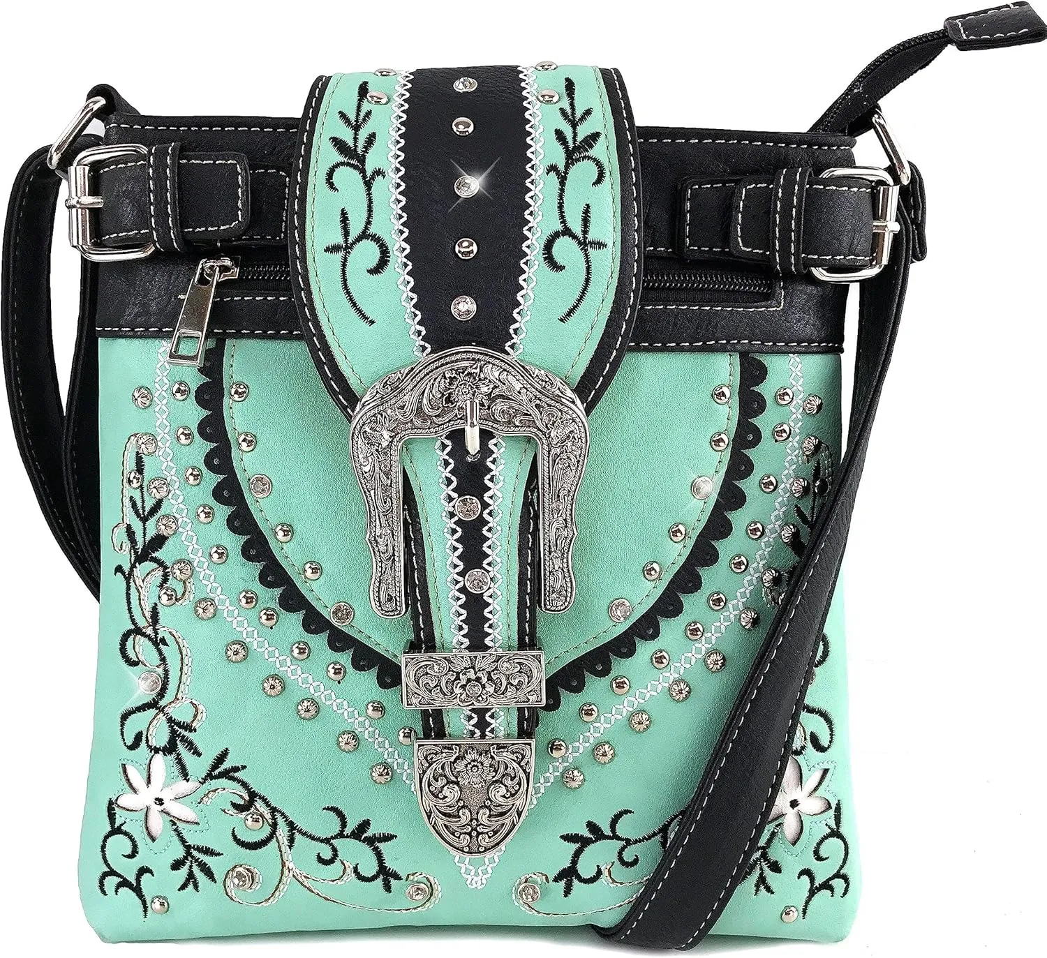 Justin West Embroidery Floral Glittering Bling Rhinestone Buckle Shoulder Concealed Carry Handbag Purse Trifold Wallet