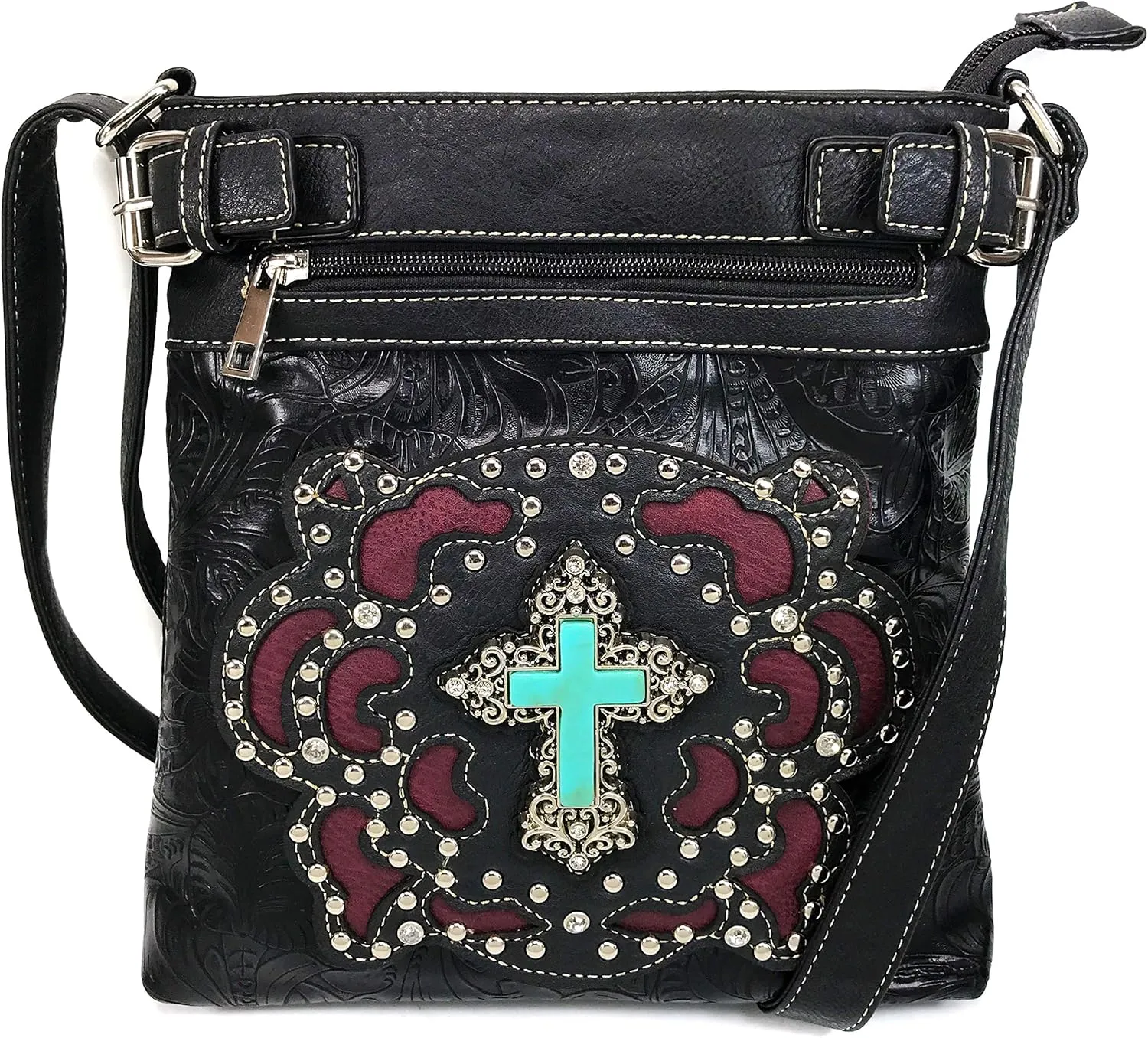 Justin West Tooled Turquoise Stone Cross Laser Cut Crossbody Messenger Bag Handbag Purse with Concealed Carry and Phone Slot