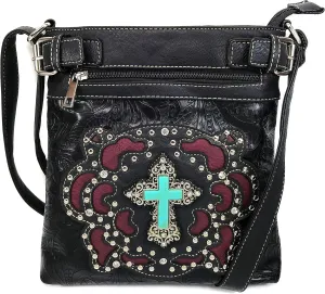 Justin West Tooled Turquoise Stone Cross Laser Cut Crossbody Messenger Bag Handbag Purse with Concealed Carry and Phone Slot