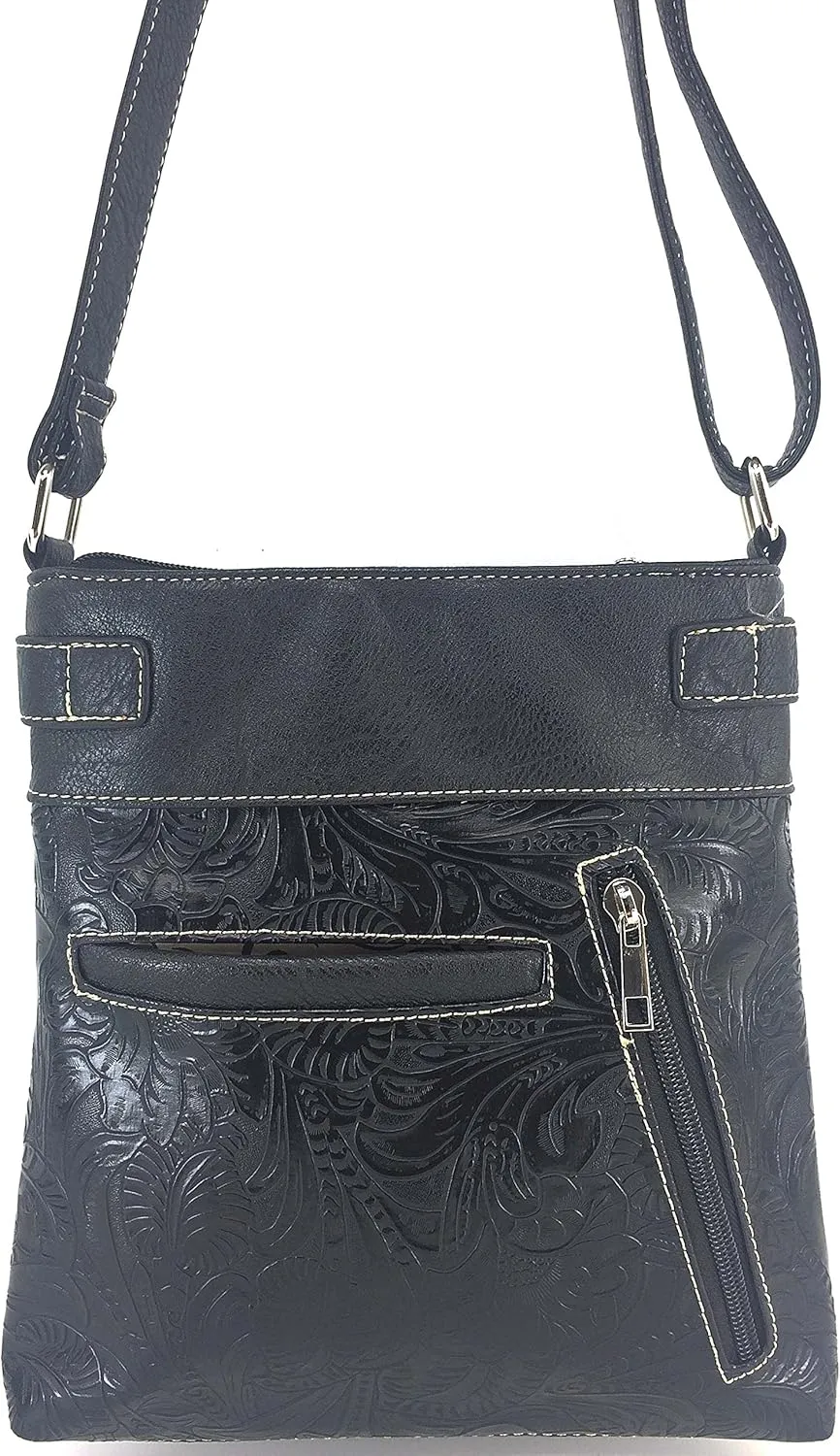 Justin West Tooled Turquoise Stone Cross Laser Cut Crossbody Messenger Bag Handbag Purse with Concealed Carry and Phone Slot
