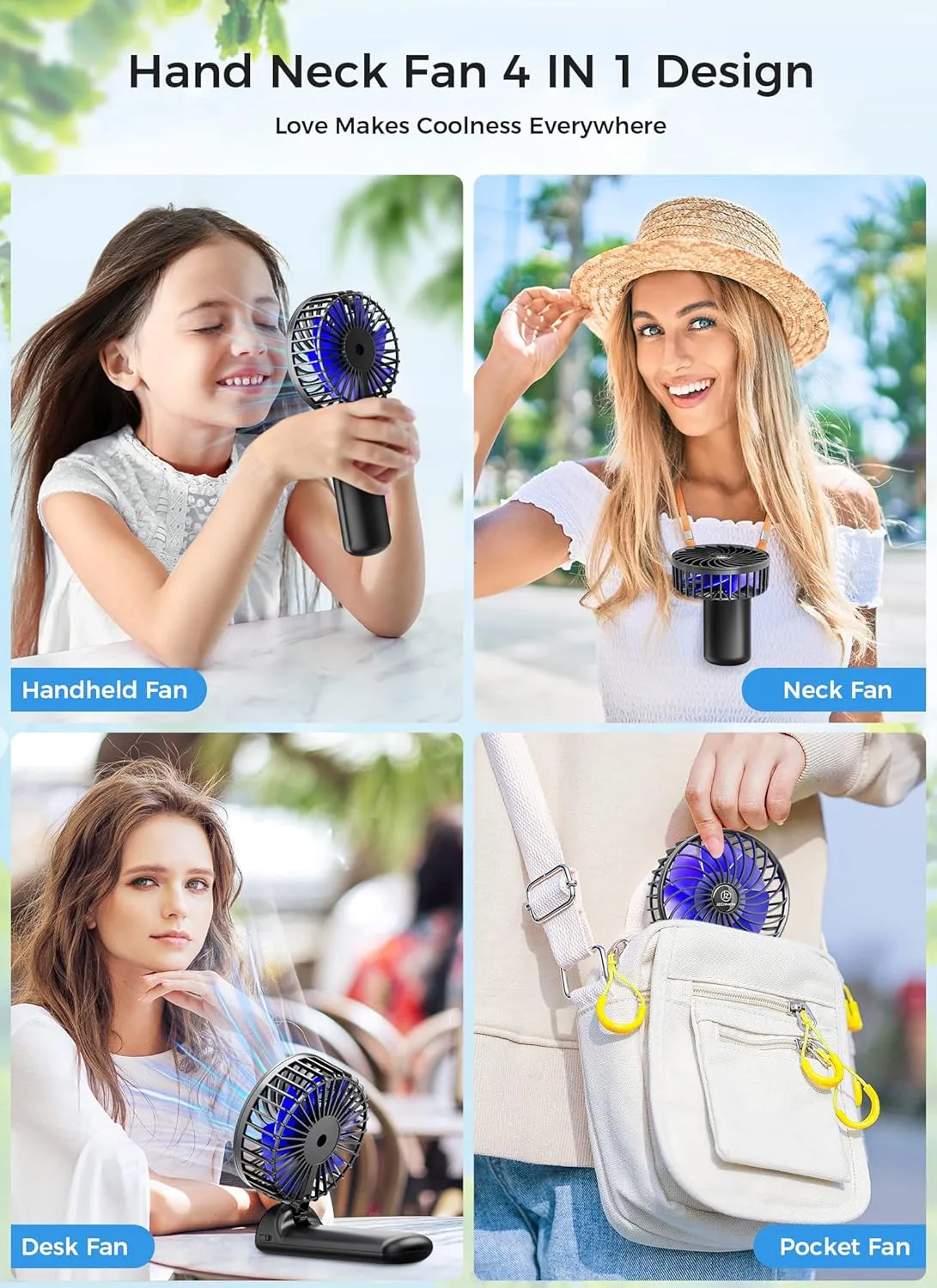 JZCreater 2Pack Mini Handheld Fan,Portable Hand Held Fan, 15H Cooling, Quiet 4 Speed, USB Rechargeable Battery Operated Desk Fan, Small Electric Fan for Travel Outdoor Home Office Makeup, Black 02