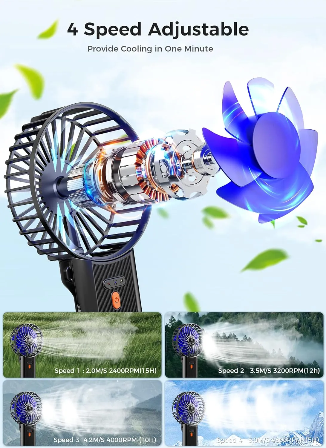 JZCreater 2Pack Mini Handheld Fan,Portable Hand Held Fan, 15H Cooling, Quiet 4 Speed, USB Rechargeable Battery Operated Desk Fan, Small Electric Fan for Travel Outdoor Home Office Makeup, Black 02