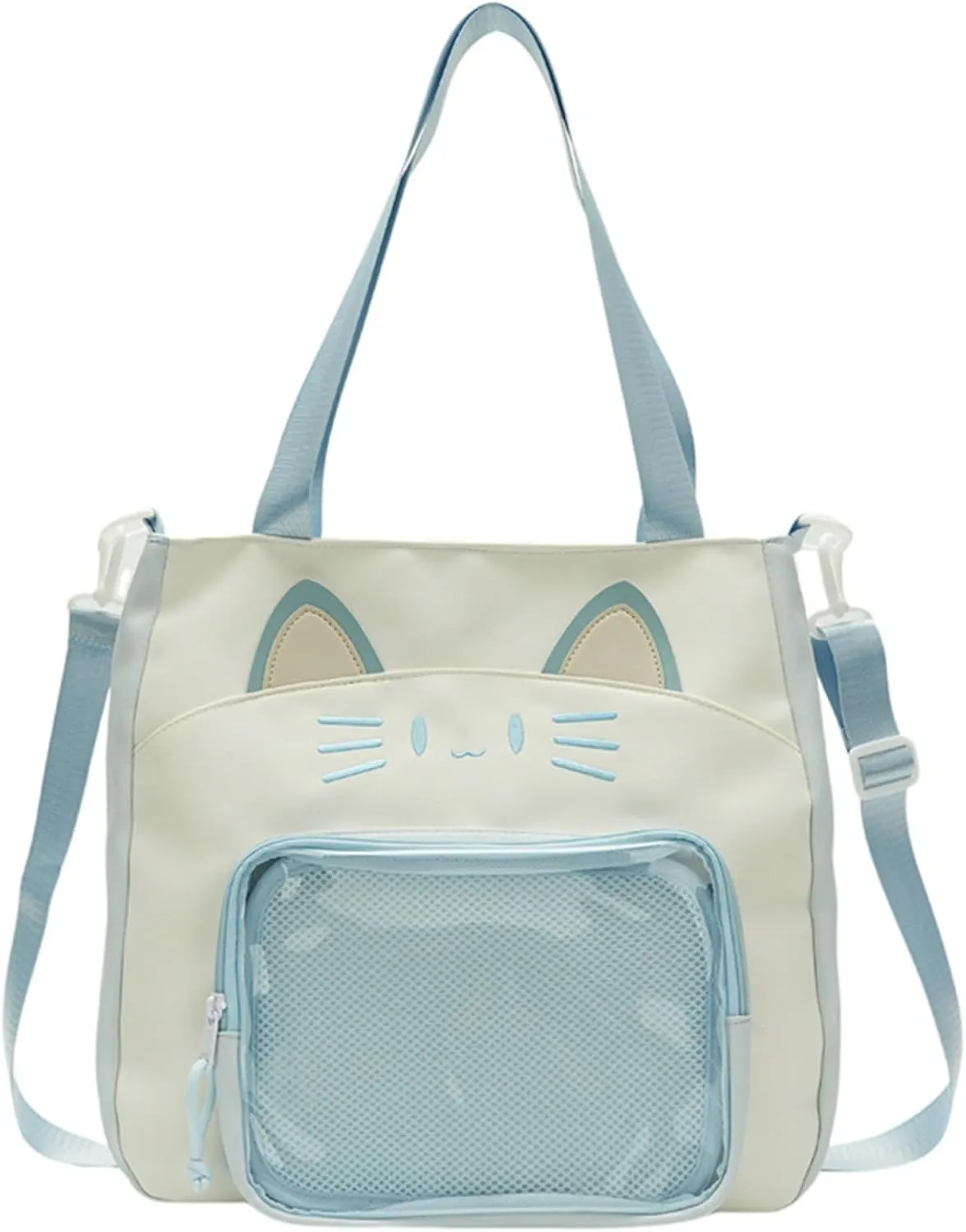 Kawaii Cat Ita Bag with Insert Large Capacity Pin Display Bag Crossbody Y2K for Anime Cosplay Reflective (Blue)