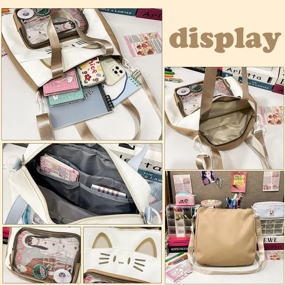 Kawaii Cat Ita Bag with Insert Large Capacity Pin Display Bag Crossbody Y2K for Anime Cosplay Reflective (Blue)