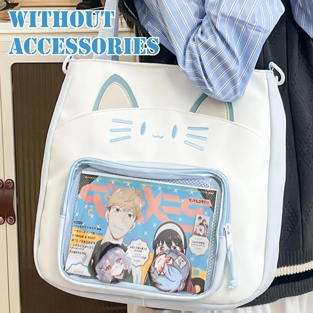 Kawaii Cat Ita Bag with Insert Large Capacity Pin Display Bag Crossbody Y2K for Anime Cosplay Reflective (Blue)