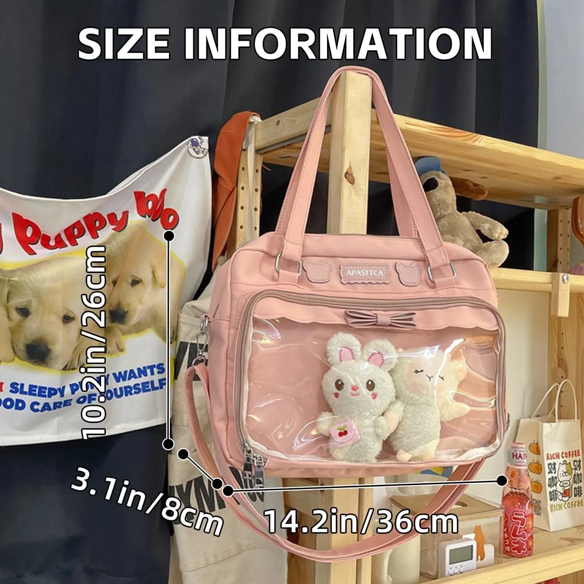 Kawaii Crossbody Bags Japanese Ita Bag Aesthetic Messenger Style Clear Compartment & 2 Cute Plush Dolls for Women (Pink)