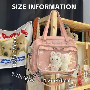 Kawaii Crossbody Bags Japanese Ita Bag Aesthetic Messenger Style Clear Compartment & 2 Cute Plush Dolls for Women (Pink)