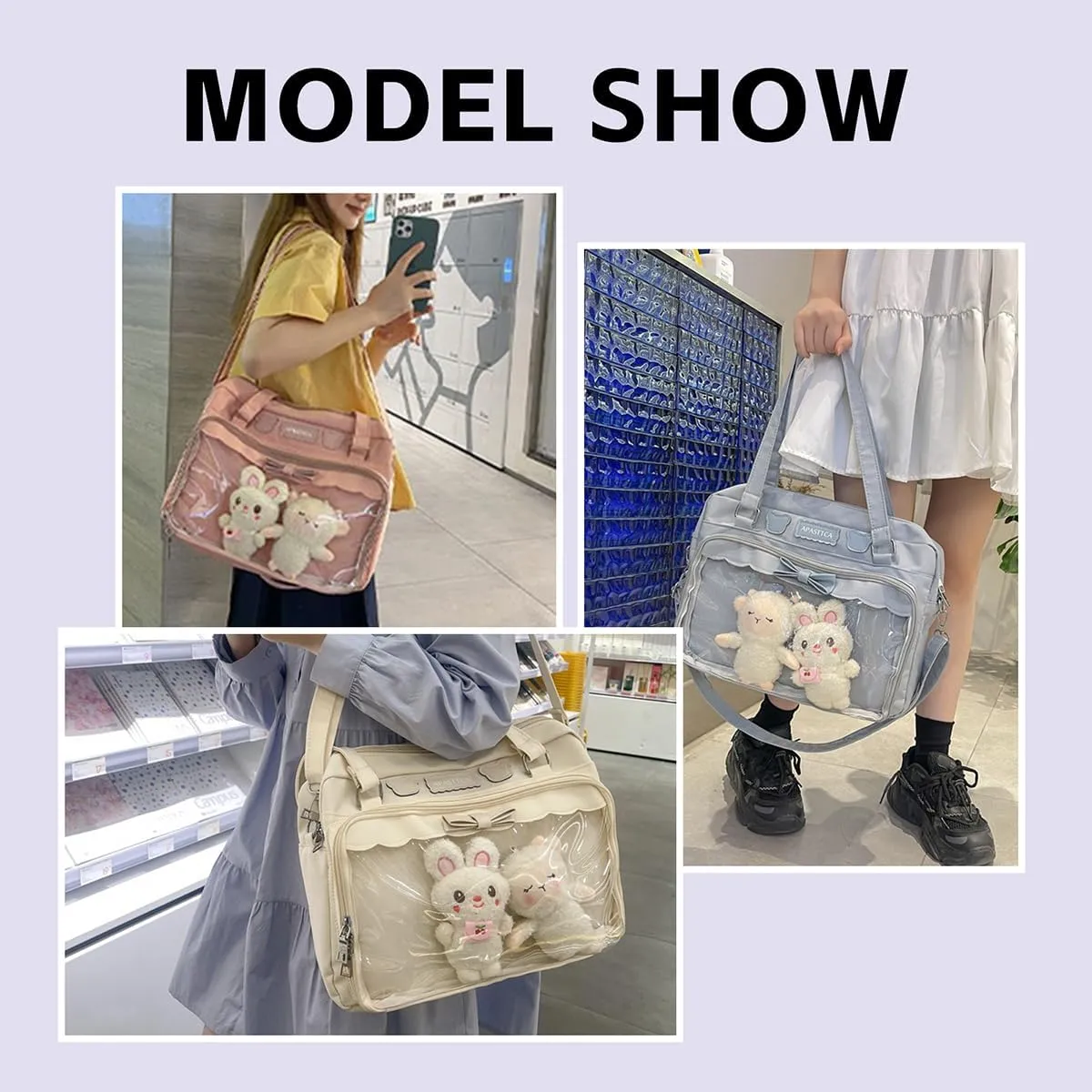 Kawaii Crossbody Bags Japanese Ita Bag Aesthetic Messenger Style Clear Compartment & 2 Cute Plush Dolls for Women (Pink)