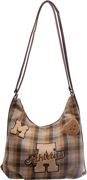 Kawaii Plaid Woolen Backpack Cute Crossbody Bag Casual Messenger Bag Chic Shoulder Bag Purse Travel Daypacks