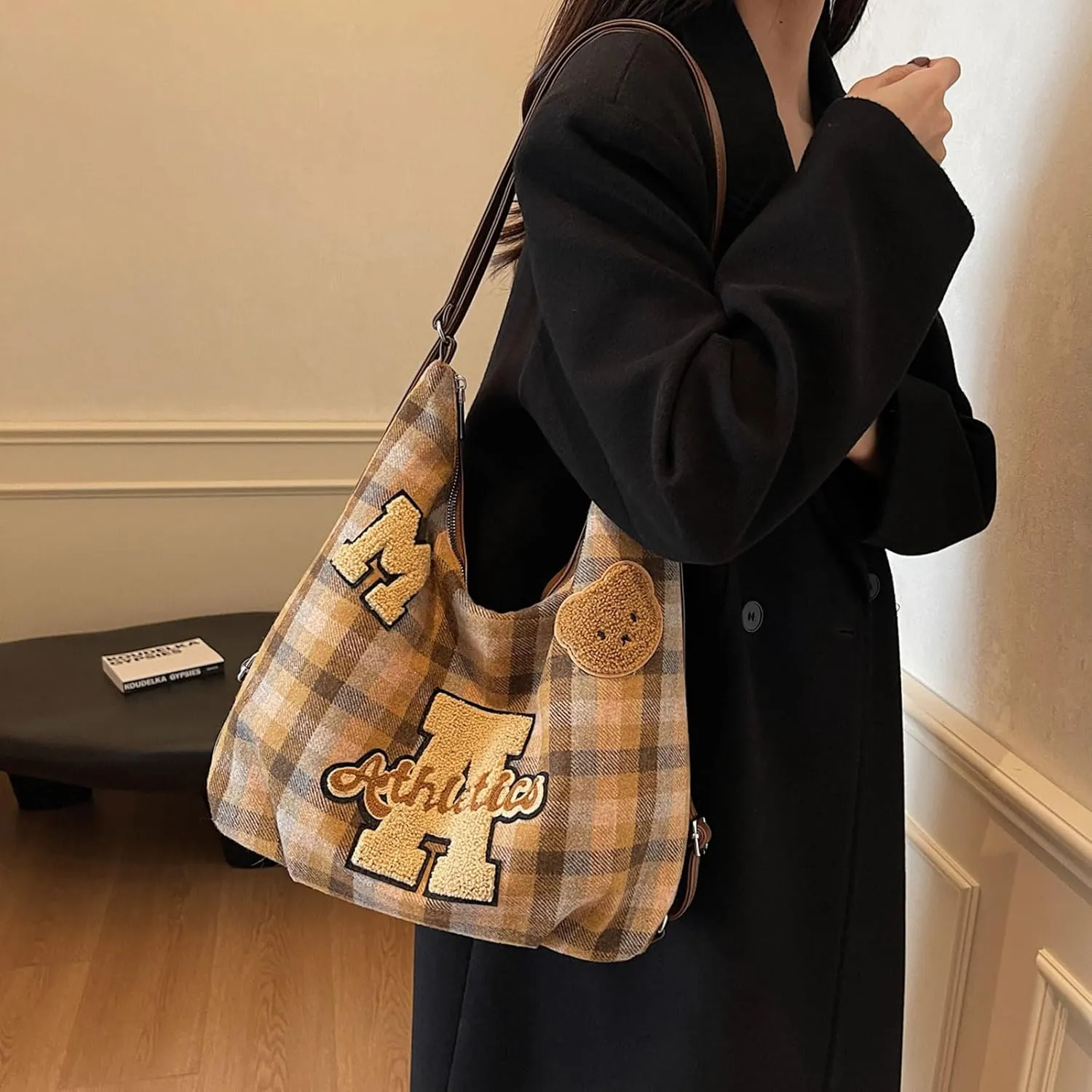 Kawaii Plaid Woolen Backpack Cute Crossbody Bag Casual Messenger Bag Chic Shoulder Bag Purse Travel Daypacks