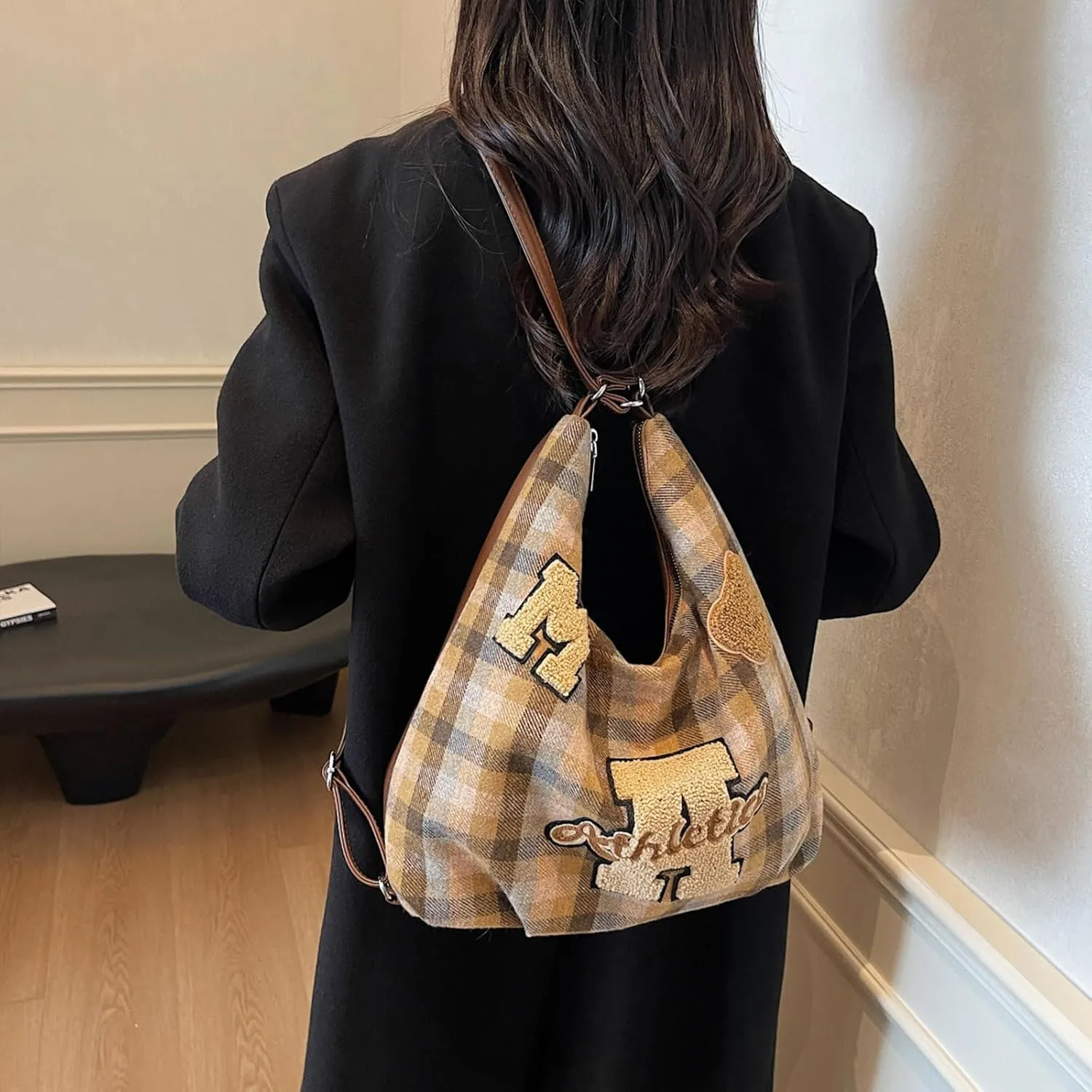 Kawaii Plaid Woolen Backpack Cute Crossbody Bag Casual Messenger Bag Chic Shoulder Bag Purse Travel Daypacks