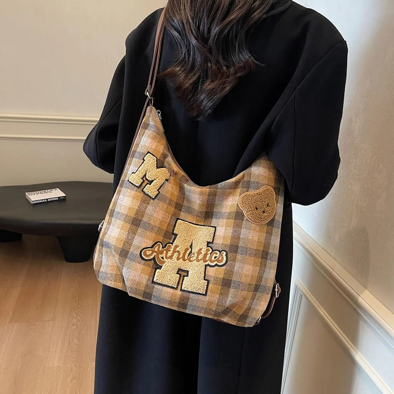 Kawaii Plaid Woolen Backpack Cute Crossbody Bag Casual Messenger Bag Chic Shoulder Bag Purse Travel Daypacks