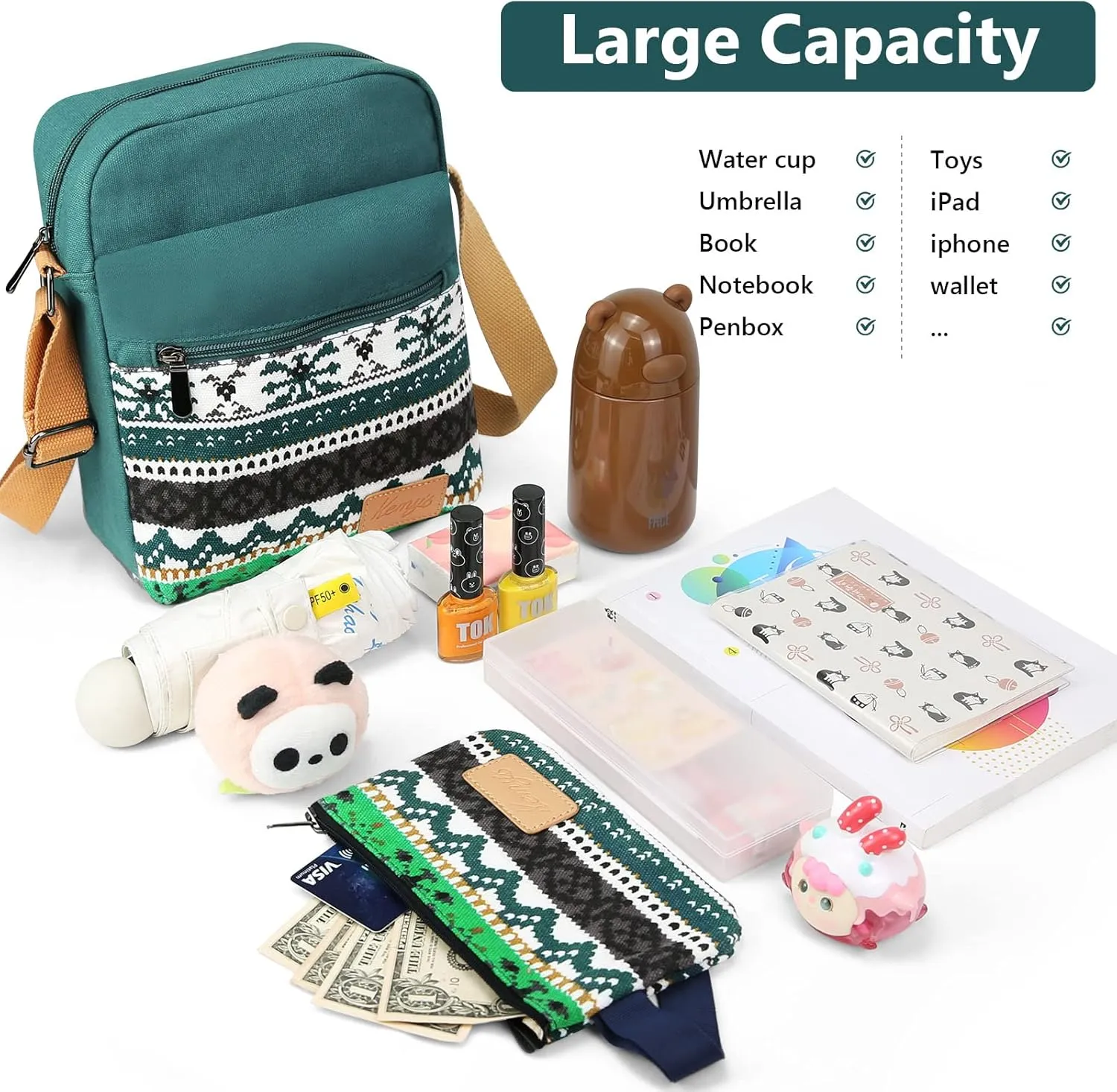 Kemy's Small Canvas Crossbody Bag for Teen Girls, Lightweight Messenger Shoulder Bags Cross Body Purse for Girls and Women