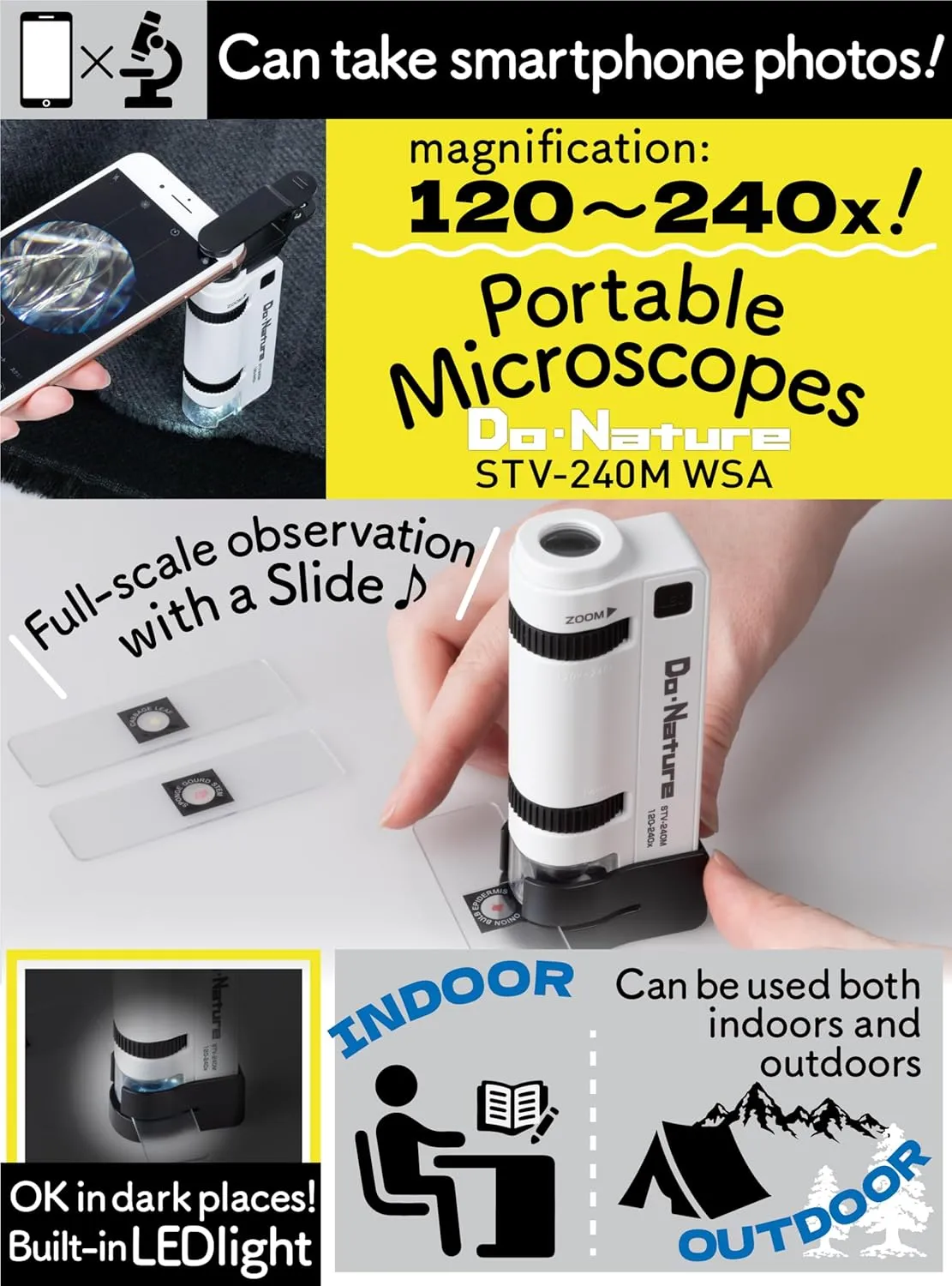 Kenko Microscope Do.Nature STV-240M WSA 120x - 240x Zoom, Can be Attached and Photographed by Smartphone, Equipped with LED Light, Handheld and Small Design, 712030