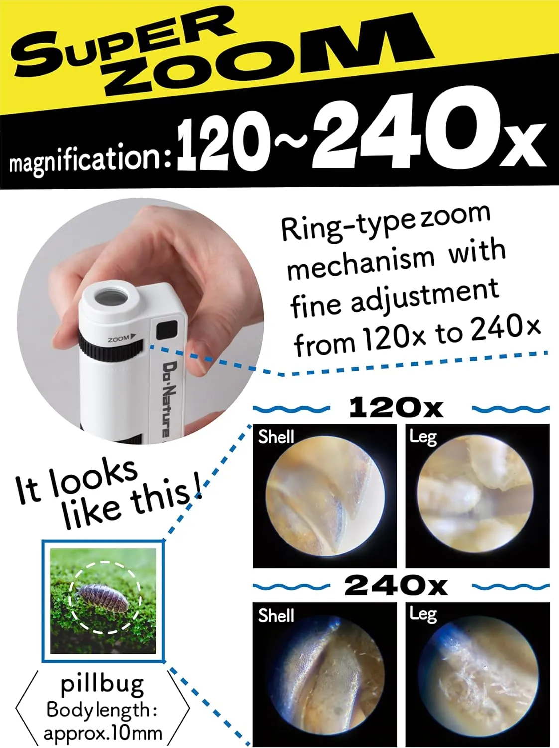 Kenko Microscope Do.Nature STV-240M WSA 120x - 240x Zoom, Can be Attached and Photographed by Smartphone, Equipped with LED Light, Handheld and Small Design, 712030