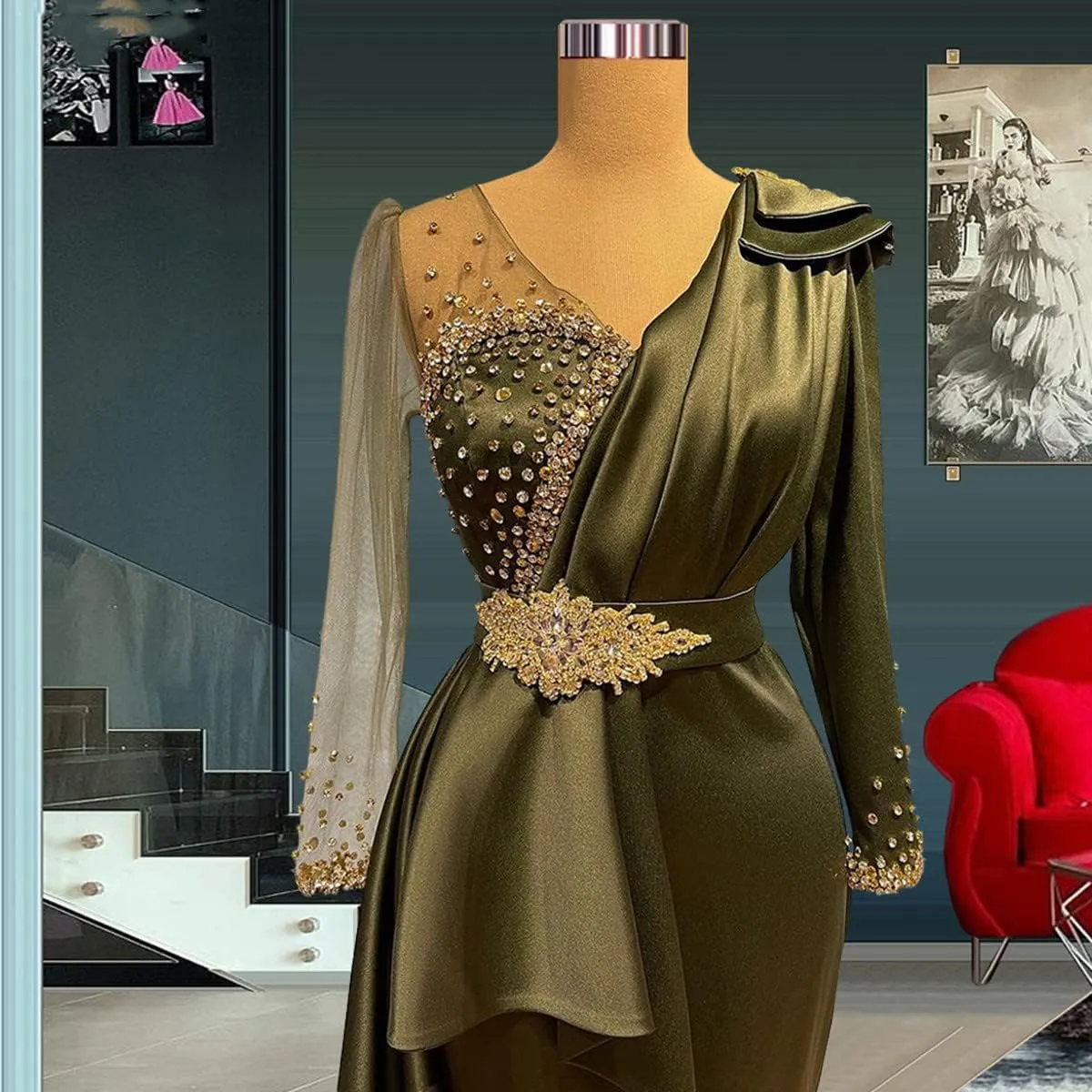 Keting Green Crystals Satin Mermaid V Neck Prom Shower Party Evening Dress Celebrity Pageant Gown for Wedding